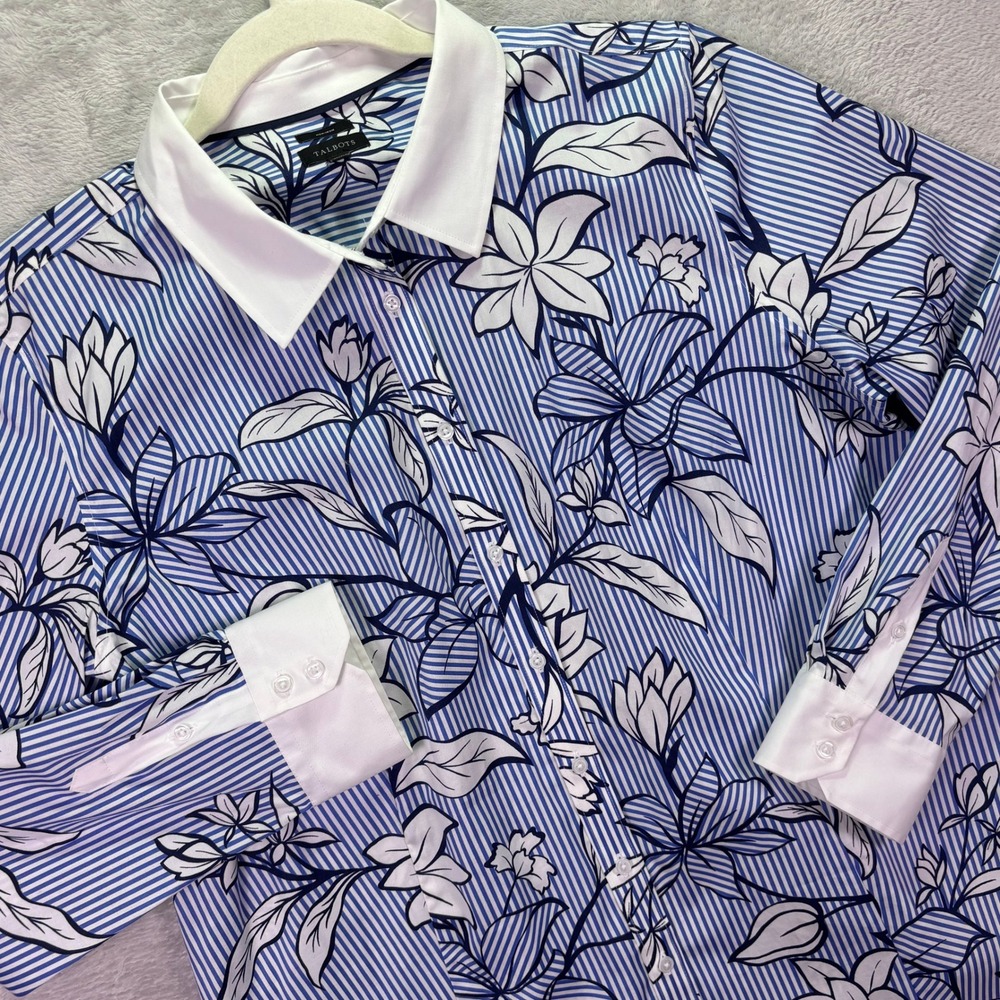 Talbots Womens Sz 18 Blue White Floral Stripe Non-Iron Button Down Shirt